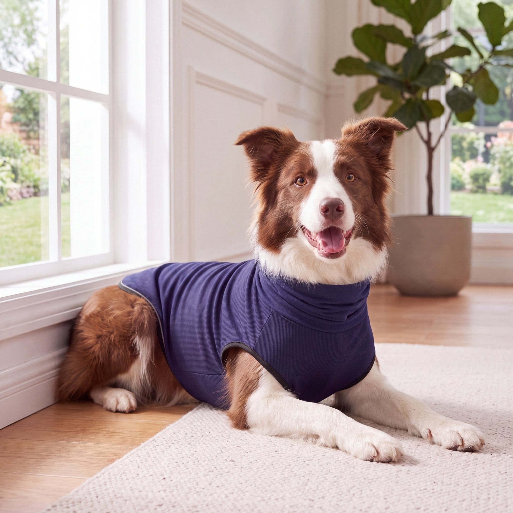 Border Collie settled by a window wearing the navy Vesty calming vest — size XXL