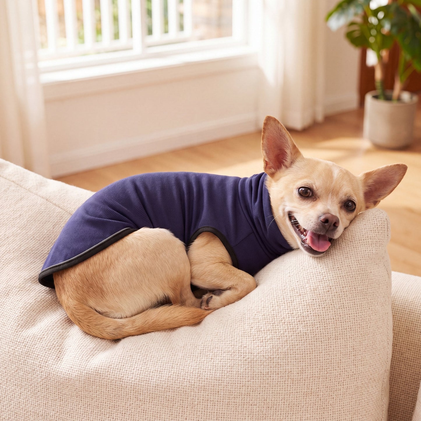 Chihuahua curled up on a sofa wearing the navy Vesty calming vest — size XS