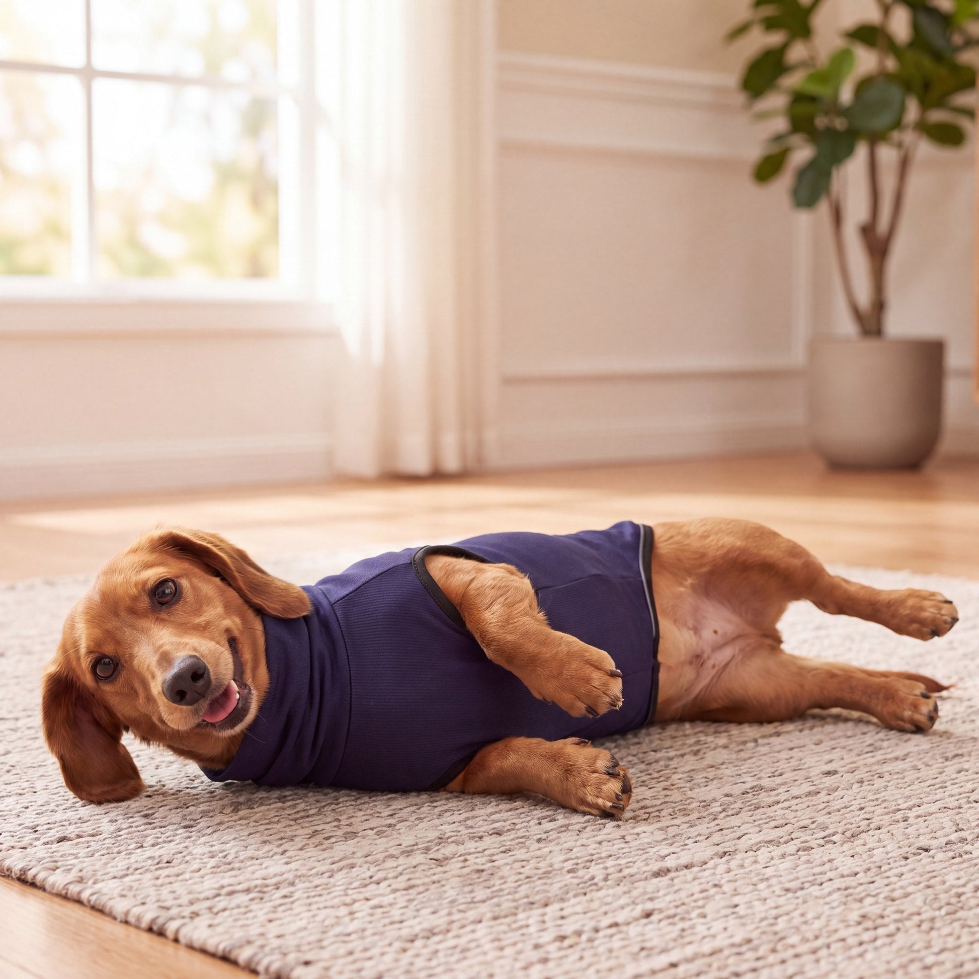 Dachshund lying relaxed on a rug wearing the navy Vesty calming vest — size S