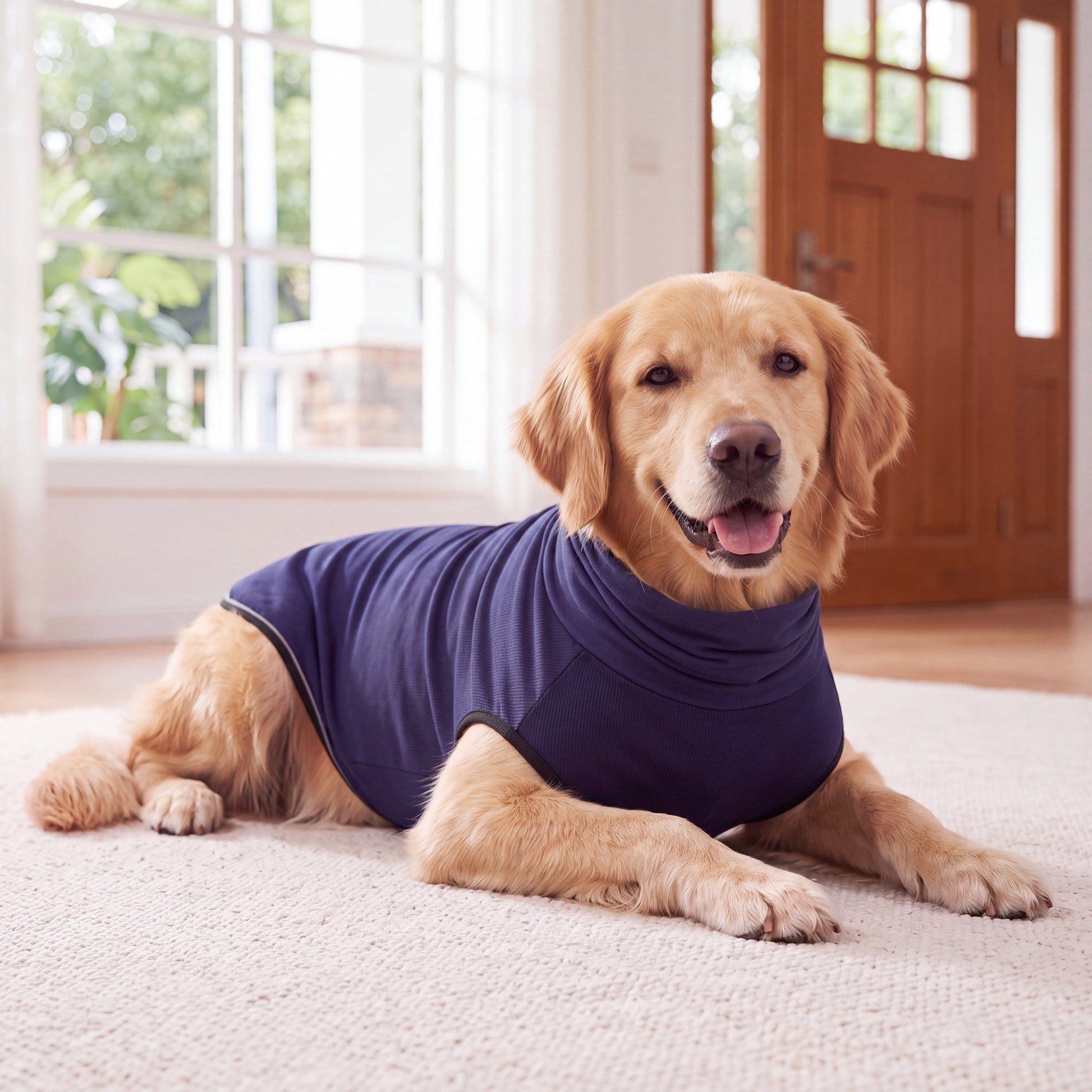 Golden Retriever settled calmly on a rug wearing the navy Vesty calming vest — size XXXL
