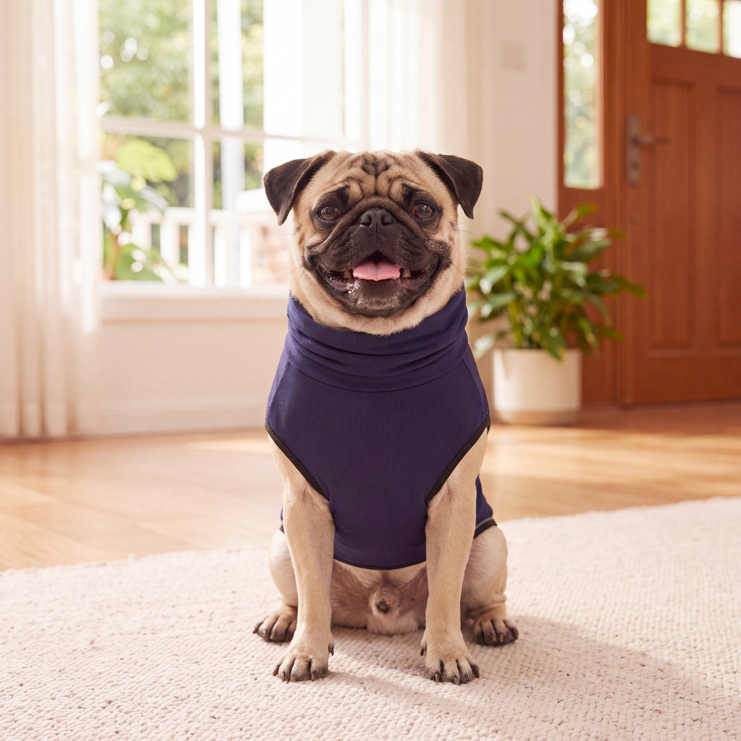 Pug sitting upright wearing the navy Vesty calming vest — size M