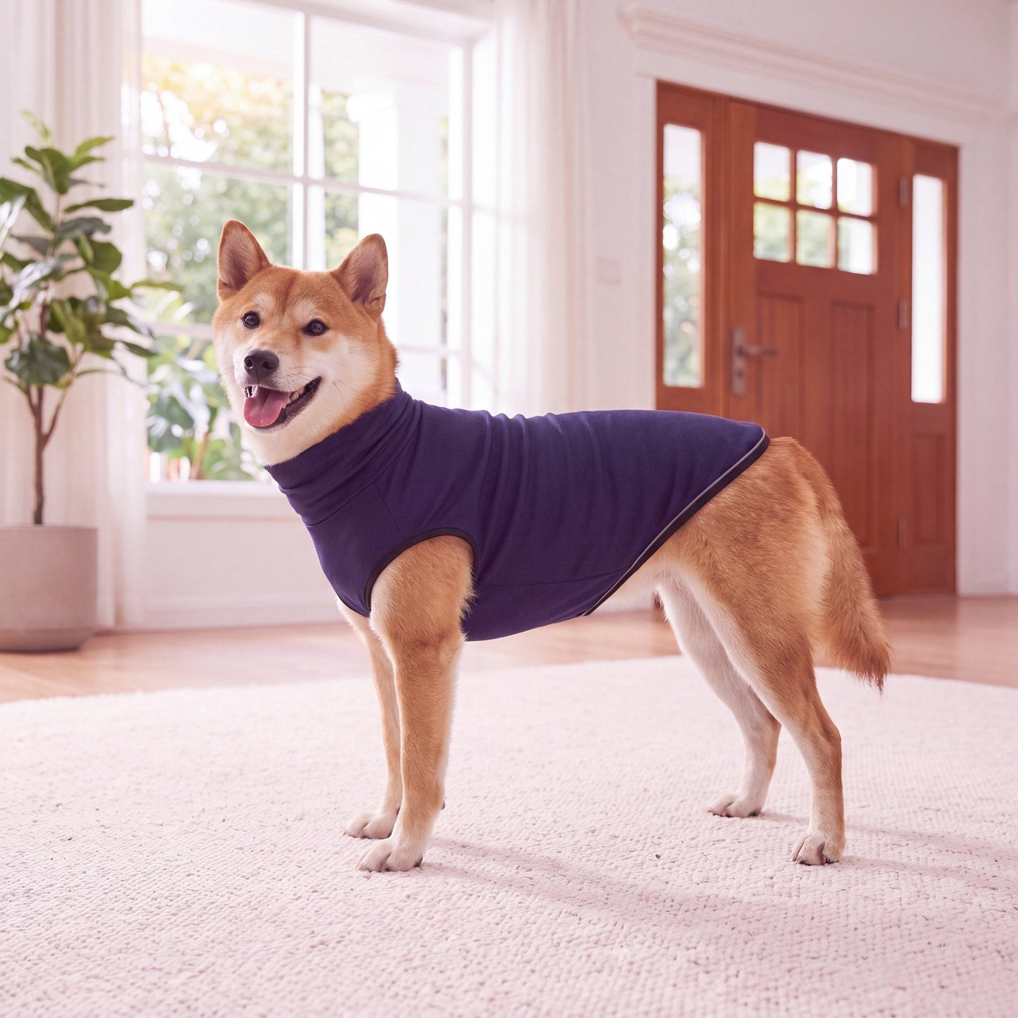 Shiba Inu standing in profile wearing the navy Vesty calming vest, showing the full length — size XL